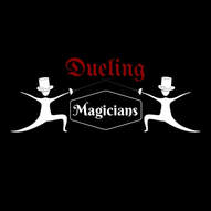 Dueling Magicians logo with cartoon magicians sword fighting