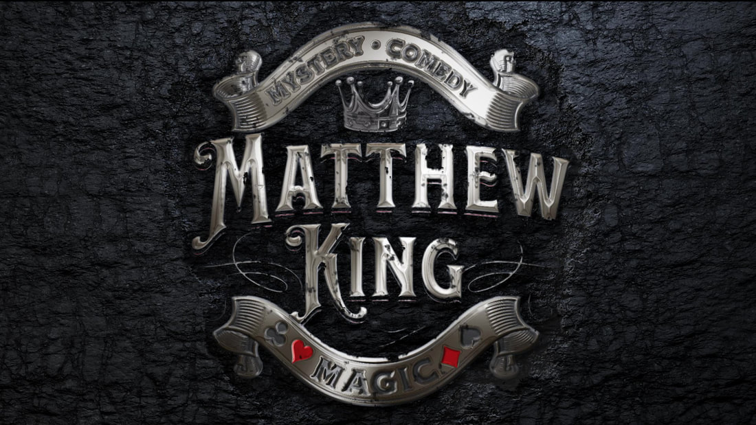 San Diego magician logo which says Matthew King Magic in an ornate crest with a king crown and playing card suits